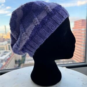 Handcrafted Knit Spiral Slouchy Hat - Purple Striped